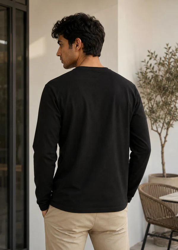 Black Full Sleeve T-Shirt - Neck detail close-up