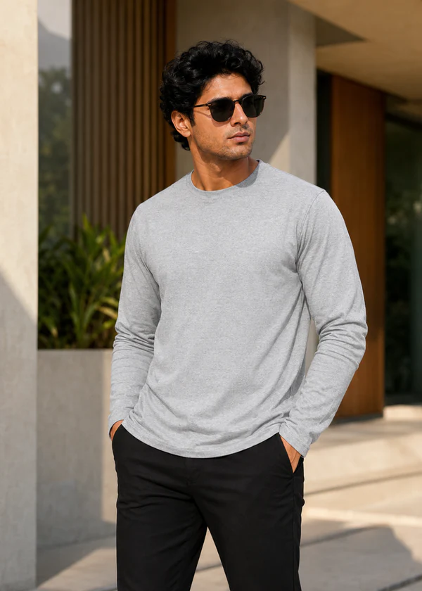 Grey Melange Full Sleeve T-Shirt - Front on model