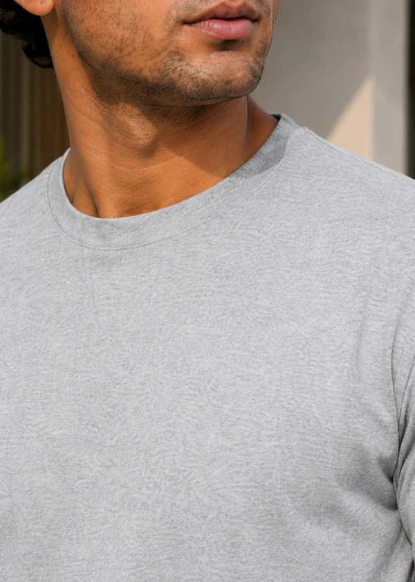 Grey Melange Full Sleeve T-Shirt - Neck detail close-up