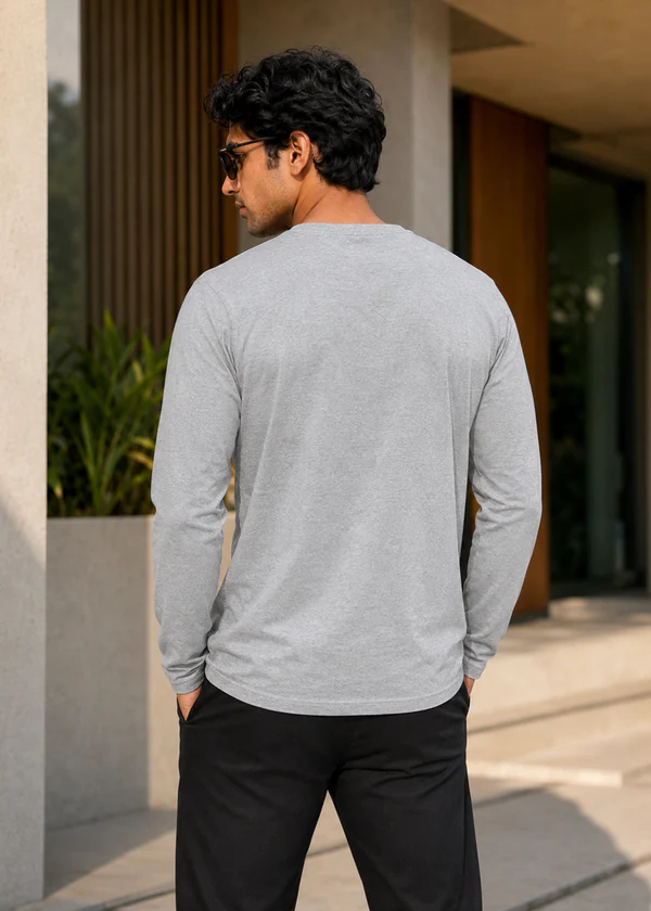 Grey Melange Full Sleeve T-Shirt - Back on model