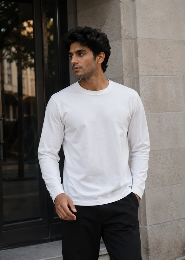 White Full Sleeve T-Shirt - Front on model