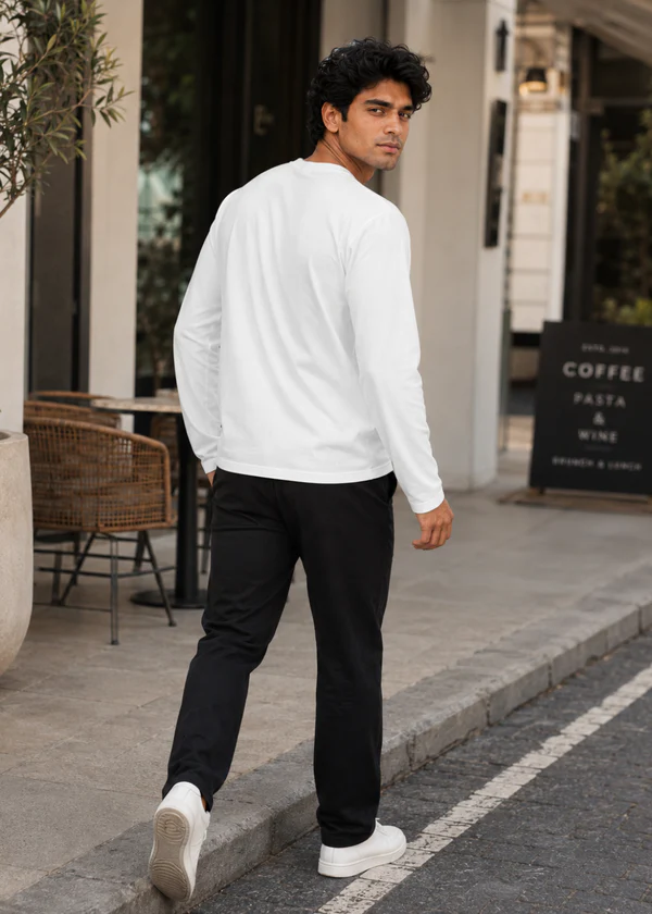 White Full Sleeve T-Shirt - Back on model