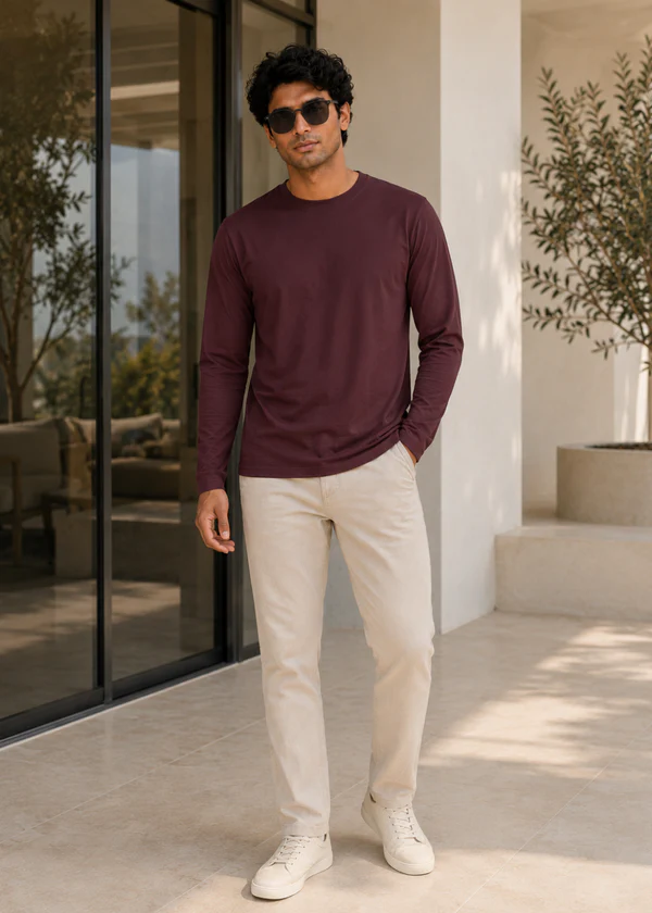 Maroon Full Sleeve T-Shirt - Front on model