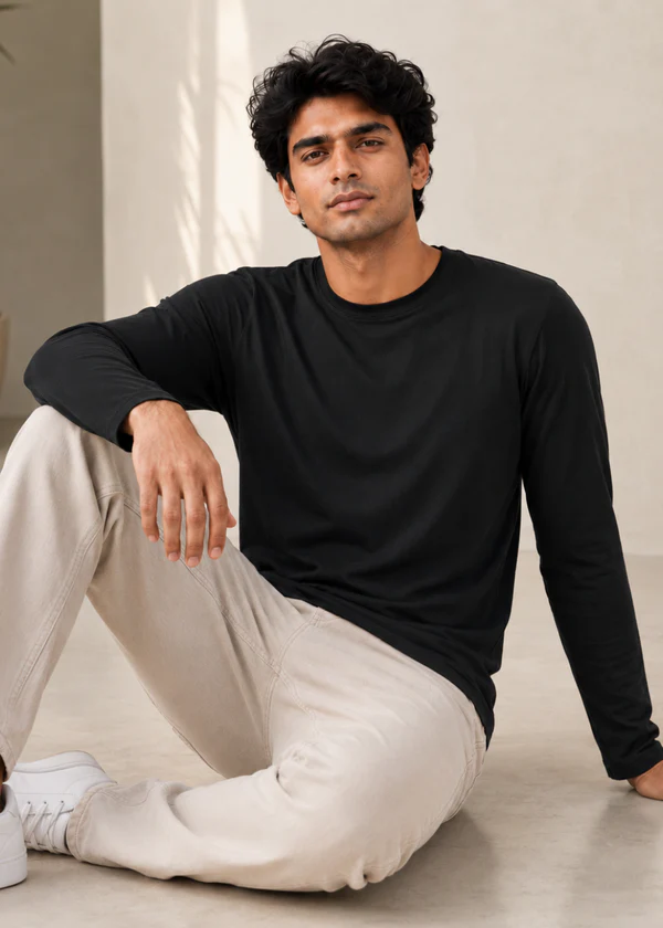 Black Full Sleeve T-Shirt - Front on model sitting
