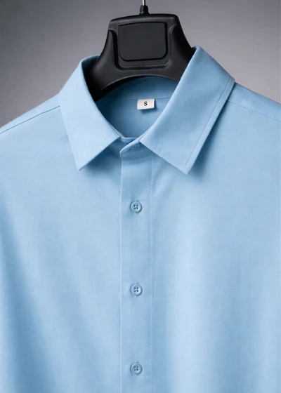 Baby Blue Oversized Shirt - Collar detail on hanger