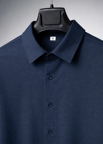Navy Blue Oversized Shirt - Collar detail on hanger