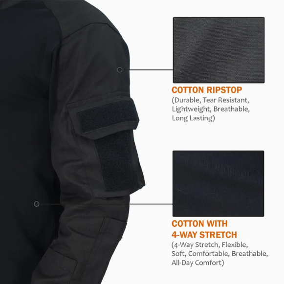 Black Tactical Combat Shirt - Cotton Ripstop & 4-Way Stretch Fabric
